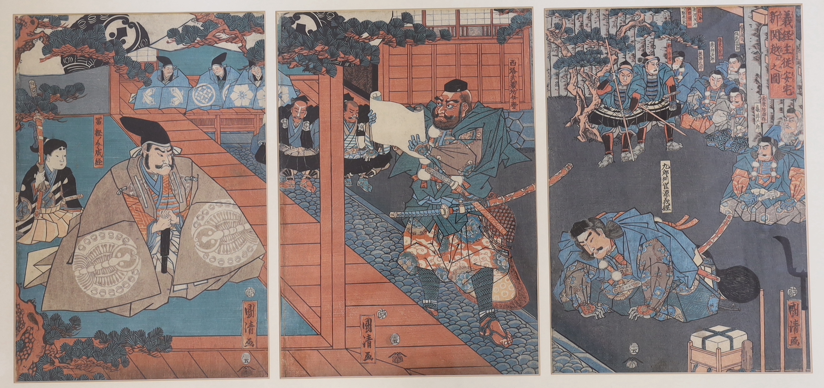 Utagawa Kunikiyo, Japanese woodblock print triptych, 'Ataka-No-Seki', each print 35 x 24cm, framed as one